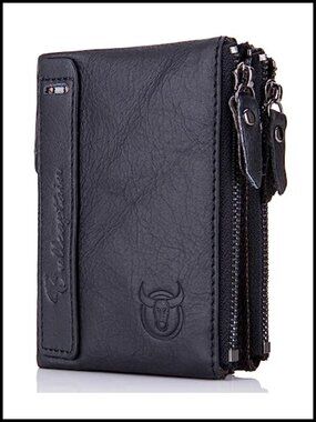 Genuine Leather Bifold Wallet with Double Zipper Pockets